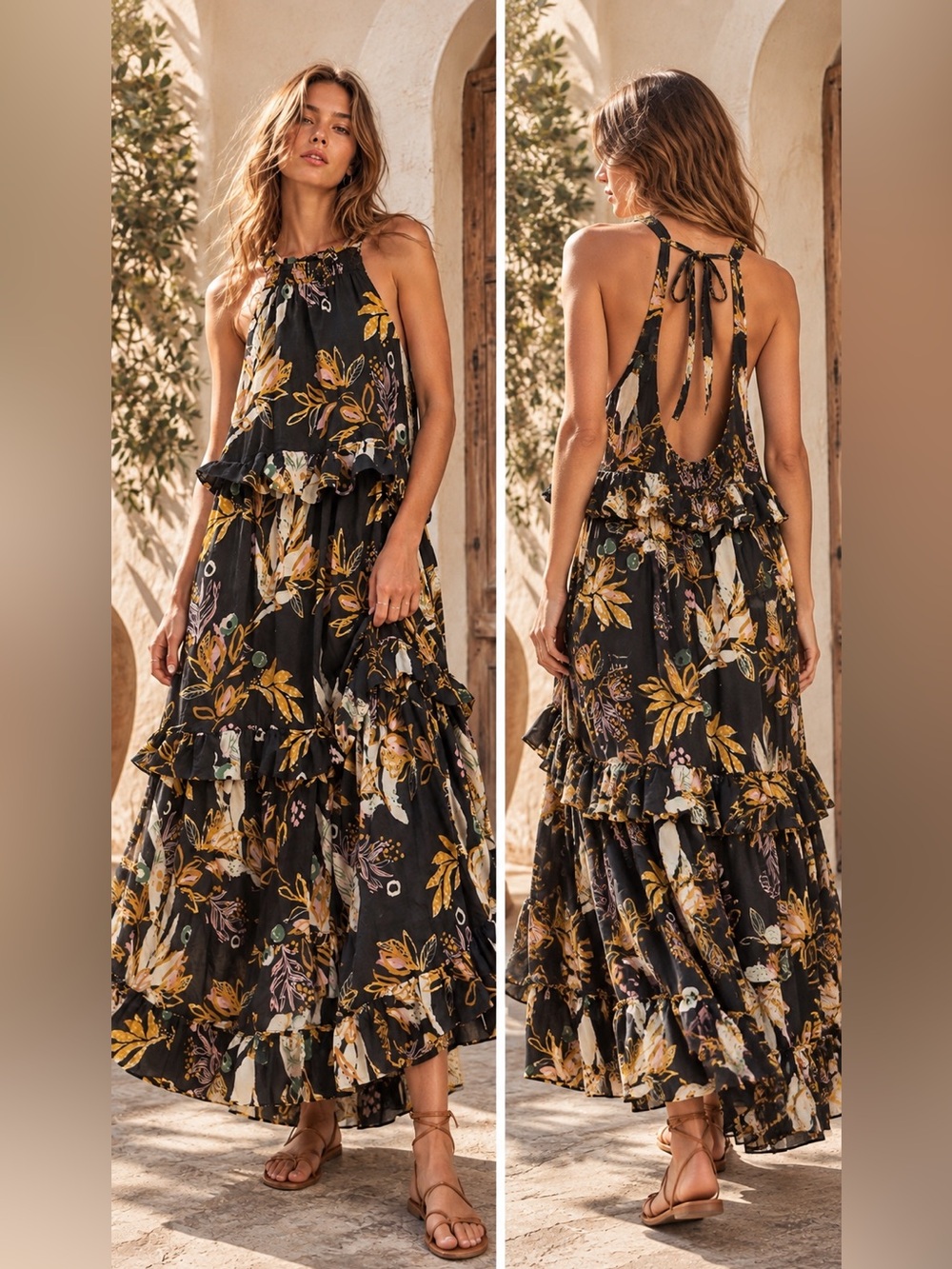 Free People Anita Printed Maxi Dress Small Black Floral Tiered Ruffle Boho